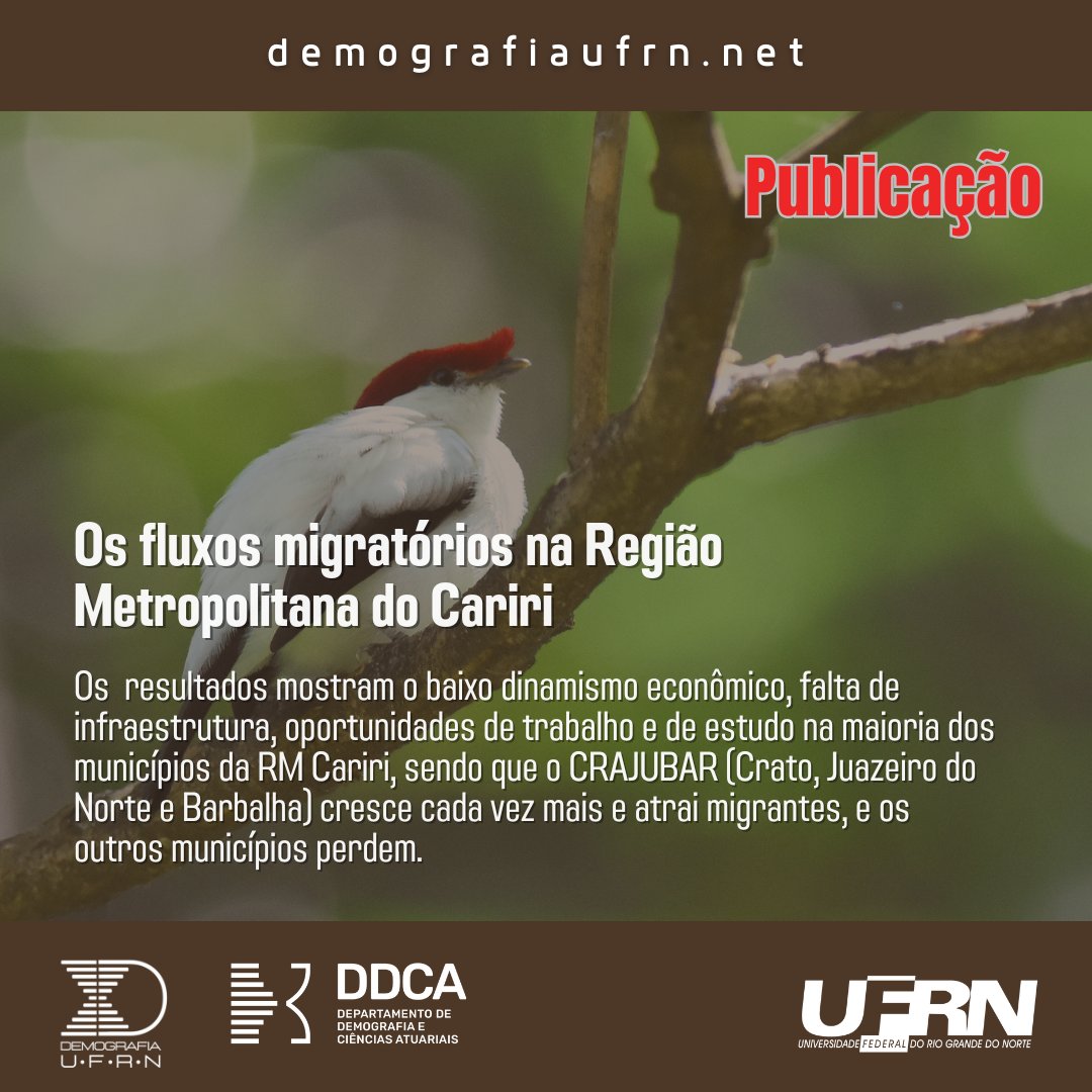 Artigo publicado pela docente Silvana Nunes de Queiroz e do discente Ricardo Carvalho, ambos do PPGDem, com a economista Marcia Santos, da Universidade Regional do Cariri, analisam as dinâmicas migratórias e socioeconômicas da Região Metropolitana do Cariri.
