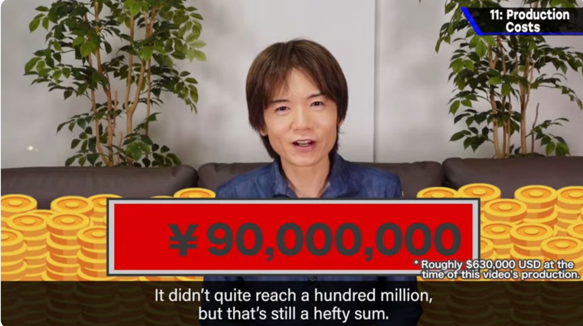 Sakurai said it cost him $630,000 to make the videos for his channel which weren't monetized. 

He sees his channel as similar to volunteer work to help gamers understand the industry better and to help developers make better games.