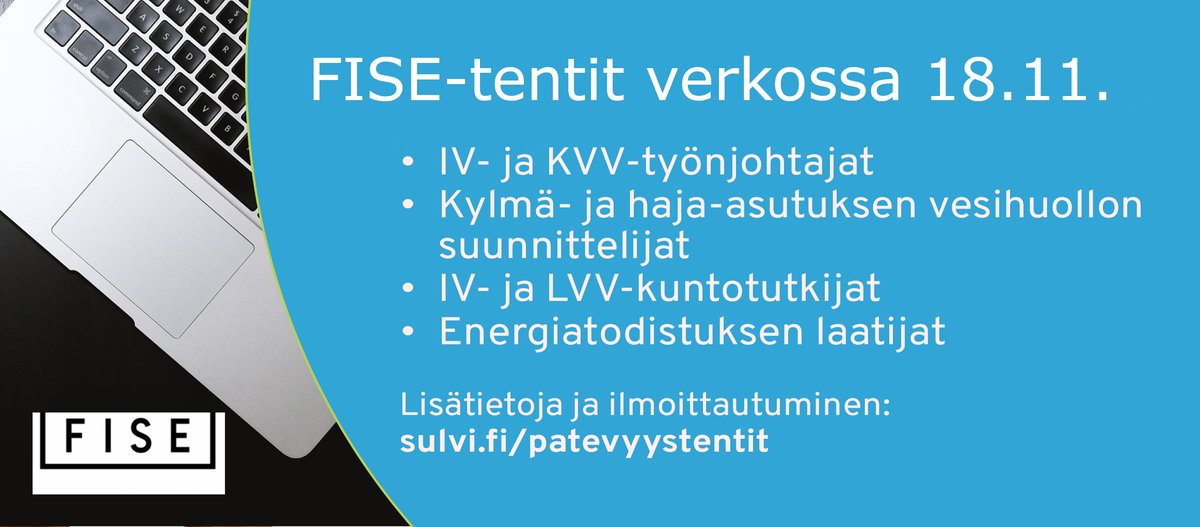 Koulutuksissamme tilaa:
✅ Lämpöpumput ja E-lukulaskenta verkossa: 1.11. 
✅ Dynaamisen laskentamenetelmän perusteet
Maksuttomat:  Tietopaketti IV-katsastuksen tilaajille 19.11. ja Anturointi ja älykäs lämmityksen ohjaus 8.11.

🎓 FISE-tenttipäivä 18.11. 👉sulvi.fi/koulutus/koulu…
