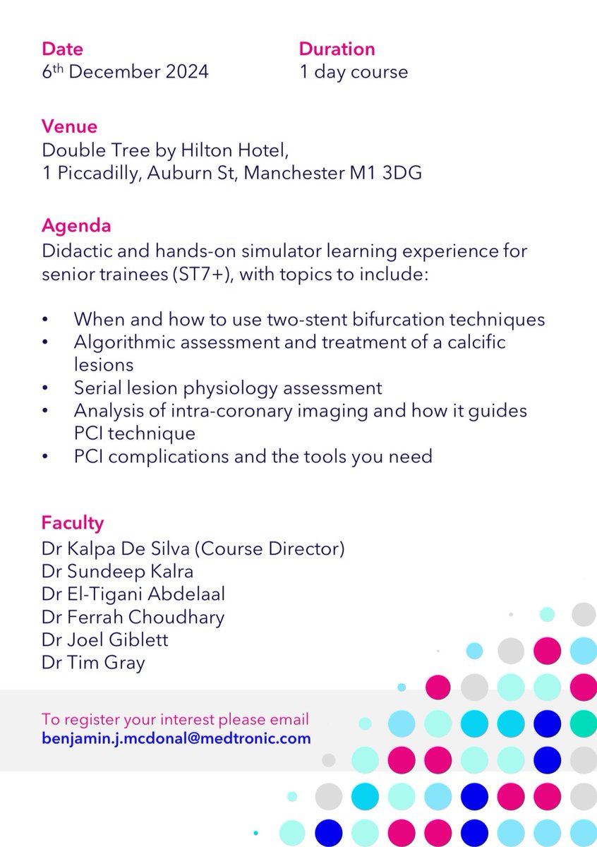Calling all Senior Interventional Cardiology Trainees🩺🫀🩻 The next ‘Advanced Strategic Thinking in PCI’ course, including didactic and hands-on simulator sessions with excellent faculty, is planned in Manchester on 6/12/24: