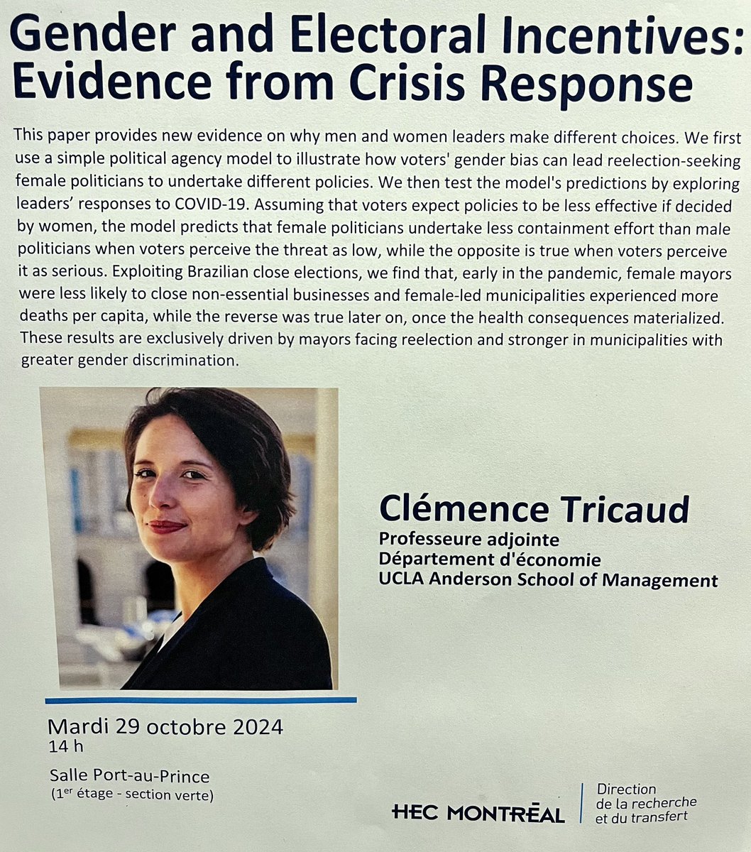 HEC Montréal-Économie appliquée/Applied Economics (@ecoahec) on Twitter photo We are pleased to have Prof. Clémence Tricaud (<a href="/ClemenceTricaud/">Clemence Tricaud</a>) from <a href="/uclaanderson/">UCLA Anderson School of Management</a> as our next invited seminar speaker on October 29. Prof. Tricaud will be presenting her research "Gender and Electoral Incentives: Evidence from Crisis Response." We are pleased to have Prof. Clémence Tricaud (<a href="/ClemenceTricaud/">Clemence Tricaud</a>) from <a href="/uclaanderson/">UCLA Anderson School of Management</a> as our next invited seminar speaker on October 29. Prof. Tricaud will be presenting her research "Gender and Electoral Incentives: Evidence from Crisis Response."