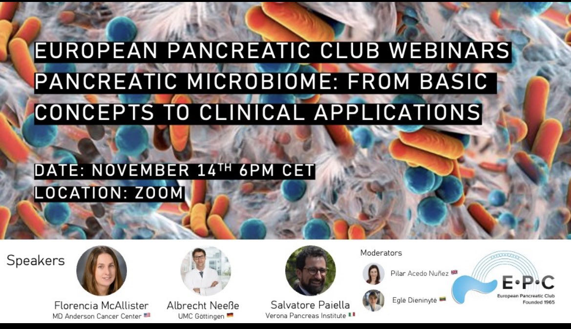 November comes with new education opportunities 👩🏽‍🏫

Our <a href="/EurPancClub/">EPC-Europ Pancr Club</a> webinar 🖥️

1️⃣4️⃣th November 🍁

🦠Pancreatic microbiome 🦠
➡️Basic concepts, role in pancreatic cancer 🦀 and surgical implications🔪

europeanpancreaticclub.org/meeting-bookin…