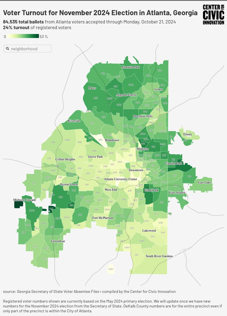 civicatlanta's tweet photo. 84,535 Atlanta residents voted early last week, which is 24% of the city’s registered voters. We’ve created a map that breaks down where these voters are coming from, precinct by precinct. We’ll be updating the numbers every day.
https://t.co/82v9P858bO #voteatl https://t.co/tPTyJcvYyQ