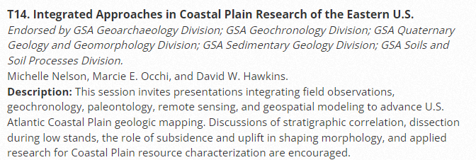 Thinking about attending SE GSA in Harrisonburg, VA and have a Coastal Plain talk or poster you'd like to share? Consider submitting an abstract to the session: T14. Integrated Approaches in Coastal Plain Research of the Eastern U.S. tinyurl.com/SEGSA2024