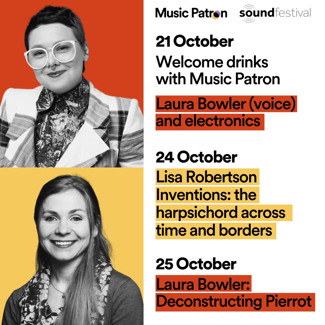 Music Patron (@musicpatronuk) on Twitter photo he excitement continues with these upcoming events from our composers you won't want to miss🎶
🗓️24 October
<a href="/Lisa__Robertson/">Lisa Robertson</a> ‘Inventions: the harpsichord across time and borders’
🗓️ 25 October
<a href="/LJBcomposer/">Dr Laura Bowler (Wells)</a> 'Deconstructing Pierrot' with Red Note Ensemble
#SoundFestival he excitement continues with these upcoming events from our composers you won't want to miss🎶
🗓️24 October
<a href="/Lisa__Robertson/">Lisa Robertson</a> ‘Inventions: the harpsichord across time and borders’
🗓️ 25 October
<a href="/LJBcomposer/">Dr Laura Bowler (Wells)</a> 'Deconstructing Pierrot' with Red Note Ensemble
#SoundFestival