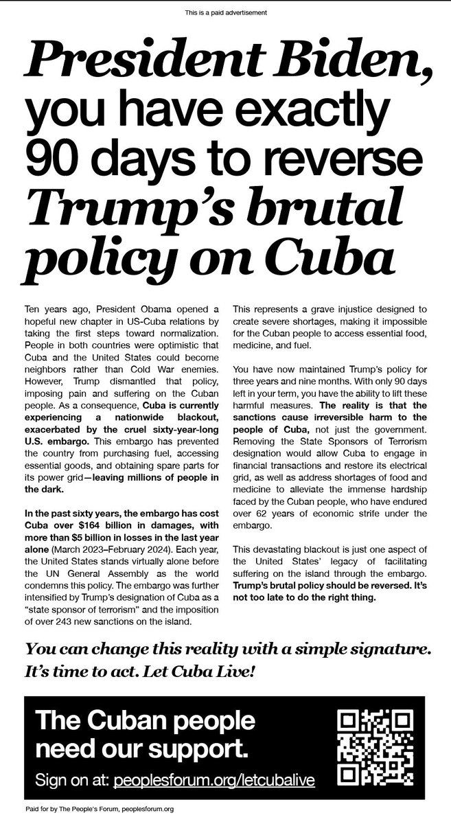 Una carta abierta al Presidente de #EEUU se publica hoy en  "The New York Times" instando a Biden a revocar la dura y criminal política de bloqueo extremo contra #Cuba mientras la isla atraviesa simultáneamente una severa crisis energética y un huracán.
#TumbaElBloqueo