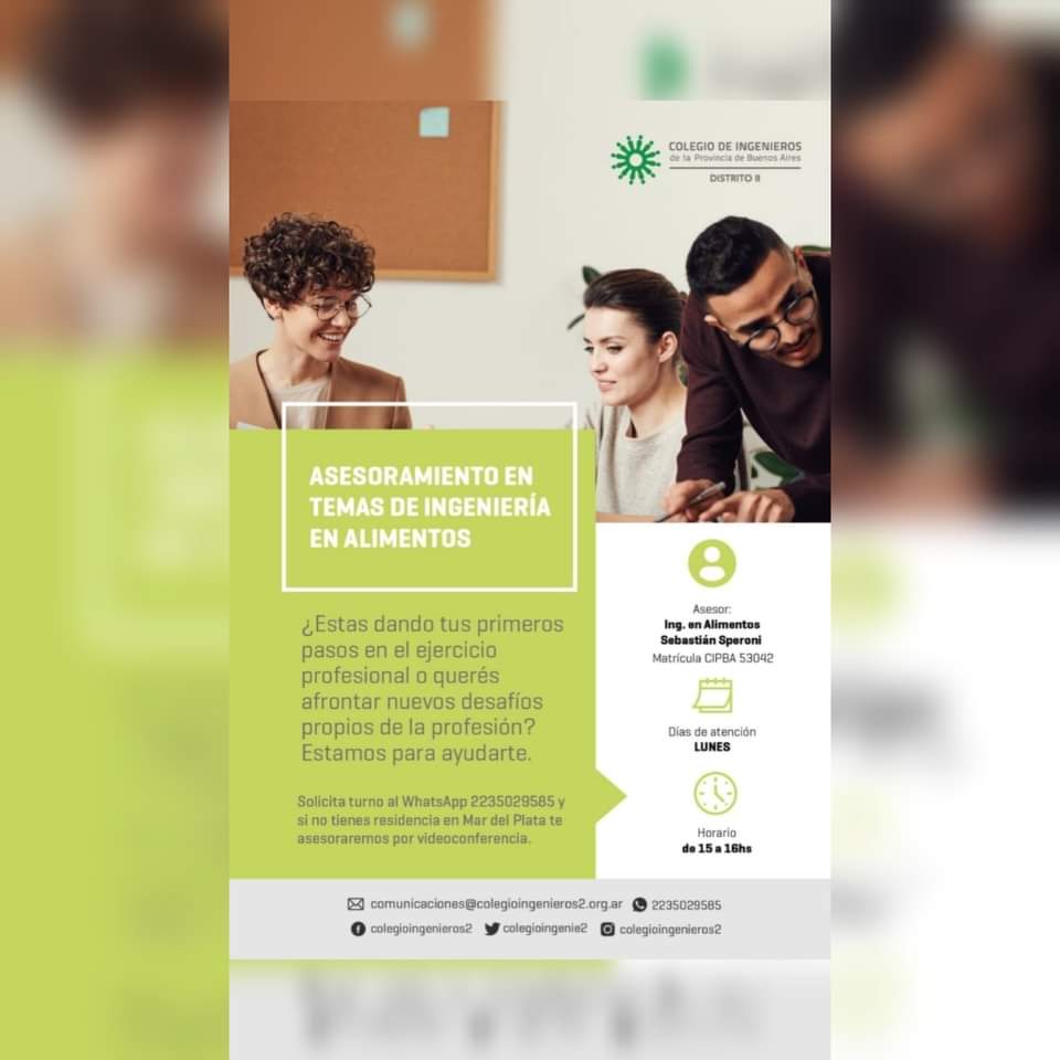 👨‍🏫 ASESORAMIENTO EN TEMAS DE INGENIERÍA EN ALIMENTOS 

Ingeniero en Alimentos Sebastián Speroni te espera los días Lunes para asesorarte en tus primeros pasos, afrontar nuevos desafíos del Ejercicio Profesional de la Ingeniería en Alimentos 

📲 Solicitá turno al :2235029585