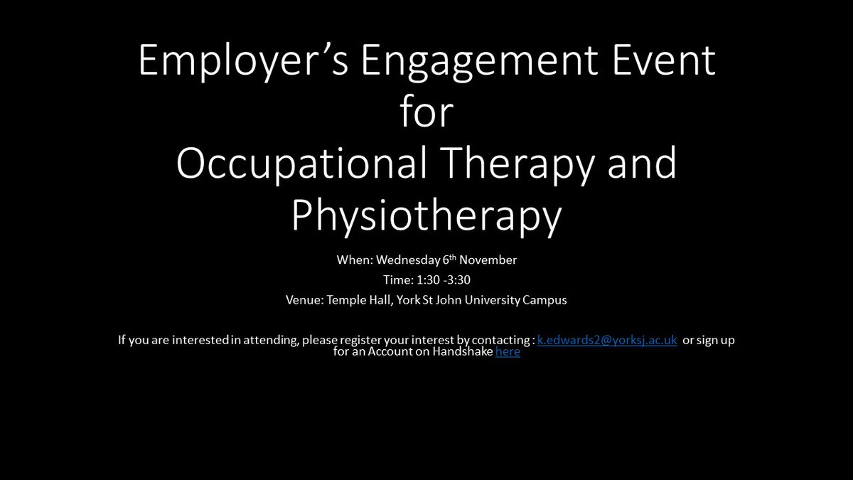 YSJHealth (@ysjhealth) on Twitter photo Are you looking to recruit graduate OTs and Physios in the next year? Would you like to come along and meet some of our final year students to share the benefits of working for your organisation? <a href="/YSJPhysio/">York St John Physio</a> <a href="/YSJOT/">York St John OT</a> <a href="/KerryEdwardsOT/">Kerry Edwards</a> Are you looking to recruit graduate OTs and Physios in the next year? Would you like to come along and meet some of our final year students to share the benefits of working for your organisation? <a href="/YSJPhysio/">York St John Physio</a> <a href="/YSJOT/">York St John OT</a> <a href="/KerryEdwardsOT/">Kerry Edwards</a>
