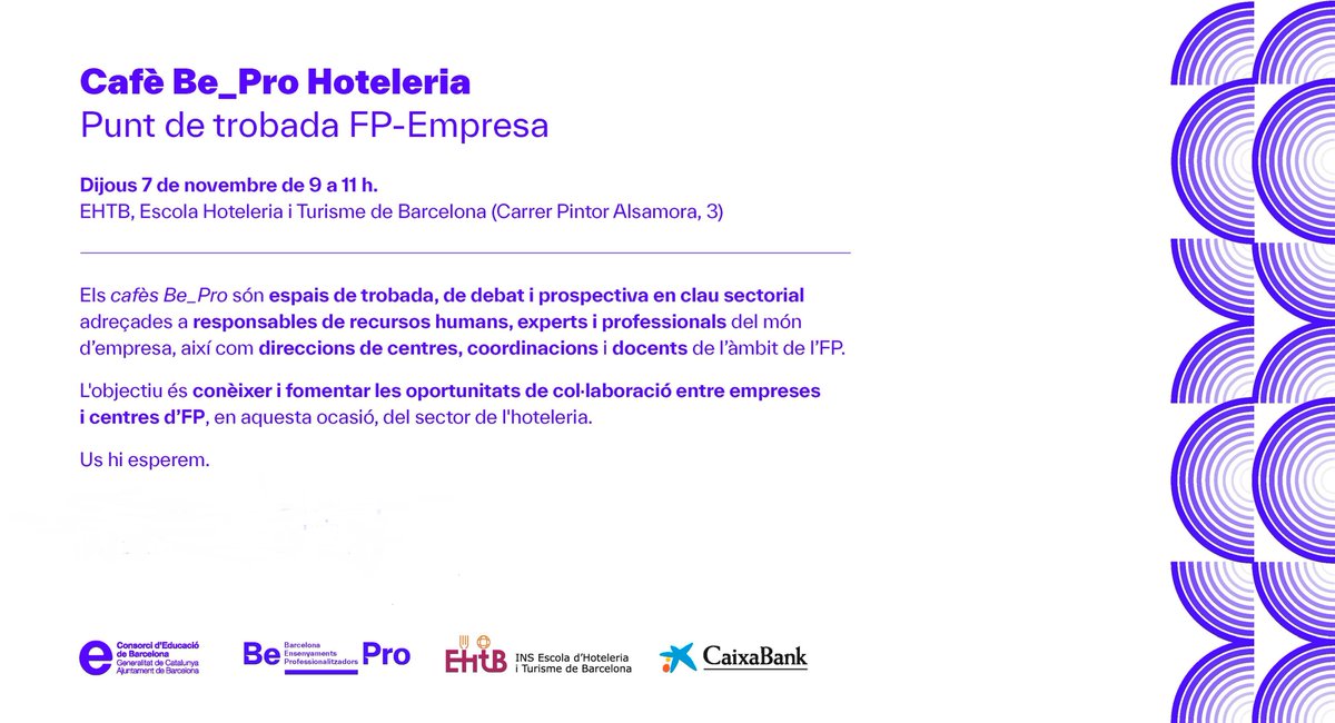 Consorci d'Educació (@consorciedubcn) on Twitter photo 🙋🏽Atenció, empreses del sector hoteler!
El proper 7⃣de novembre de 9 a 11 h us esperem al #CafèBe_Pro que tindrà lloc a l'<a href="/INS_EHTB/">Institut EHTB</a>.👥Un punt de trobada FP-empreses per conèixer i fomentar les oportunitats de col·laboració.
✍️🏽Inscripcions a forms.office.com/pages/response…
<a href="/CABK_Dualiza/">CaixaBank Dualiza</a> 🙋🏽Atenció, empreses del sector hoteler!
El proper 7⃣de novembre de 9 a 11 h us esperem al #CafèBe_Pro que tindrà lloc a l'<a href="/INS_EHTB/">Institut EHTB</a>.👥Un punt de trobada FP-empreses per conèixer i fomentar les oportunitats de col·laboració.
✍️🏽Inscripcions a forms.office.com/pages/response…
<a href="/CABK_Dualiza/">CaixaBank Dualiza</a>