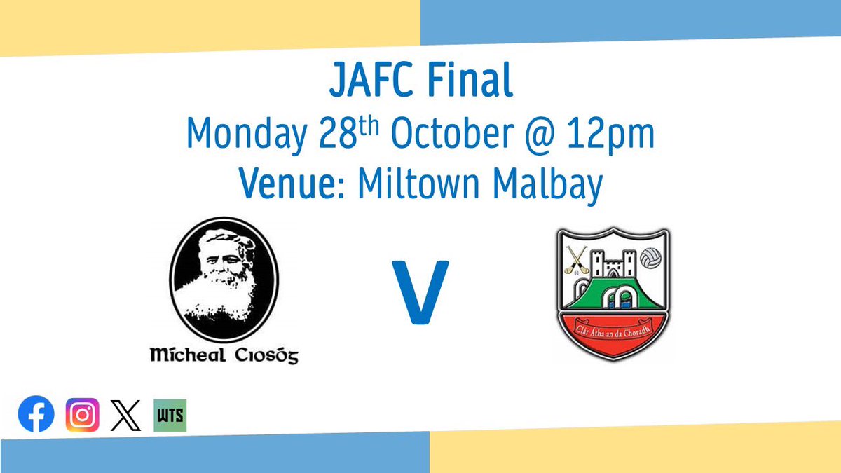 🏆 Junior A Championship Final 🏆

We contest the Junior A Championship Final this Monday v Clarecastle at 12pm in Miltown Malbay.

Looking forward to your support!
