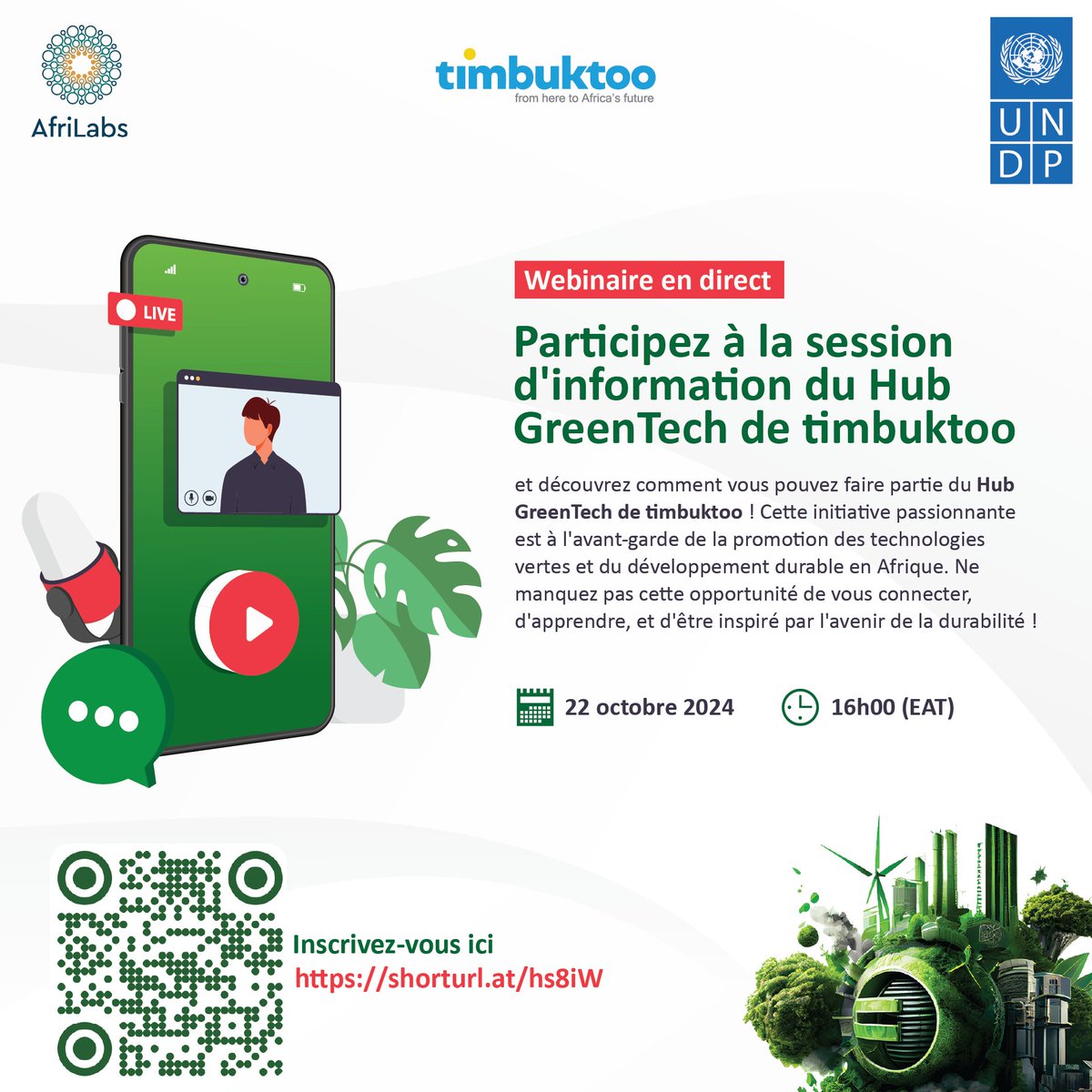 🚀 Happening now! 

Join the timbuktoo #GreenTech Hub Information Session (in French) 🌱

💡Explore how Kenya's GreenTech Hub drives Africa’s socio-economic transformation through innovation, sustainability, and renewable energy. 🌍

🔗 Join here: shorturl.at/hs8iW