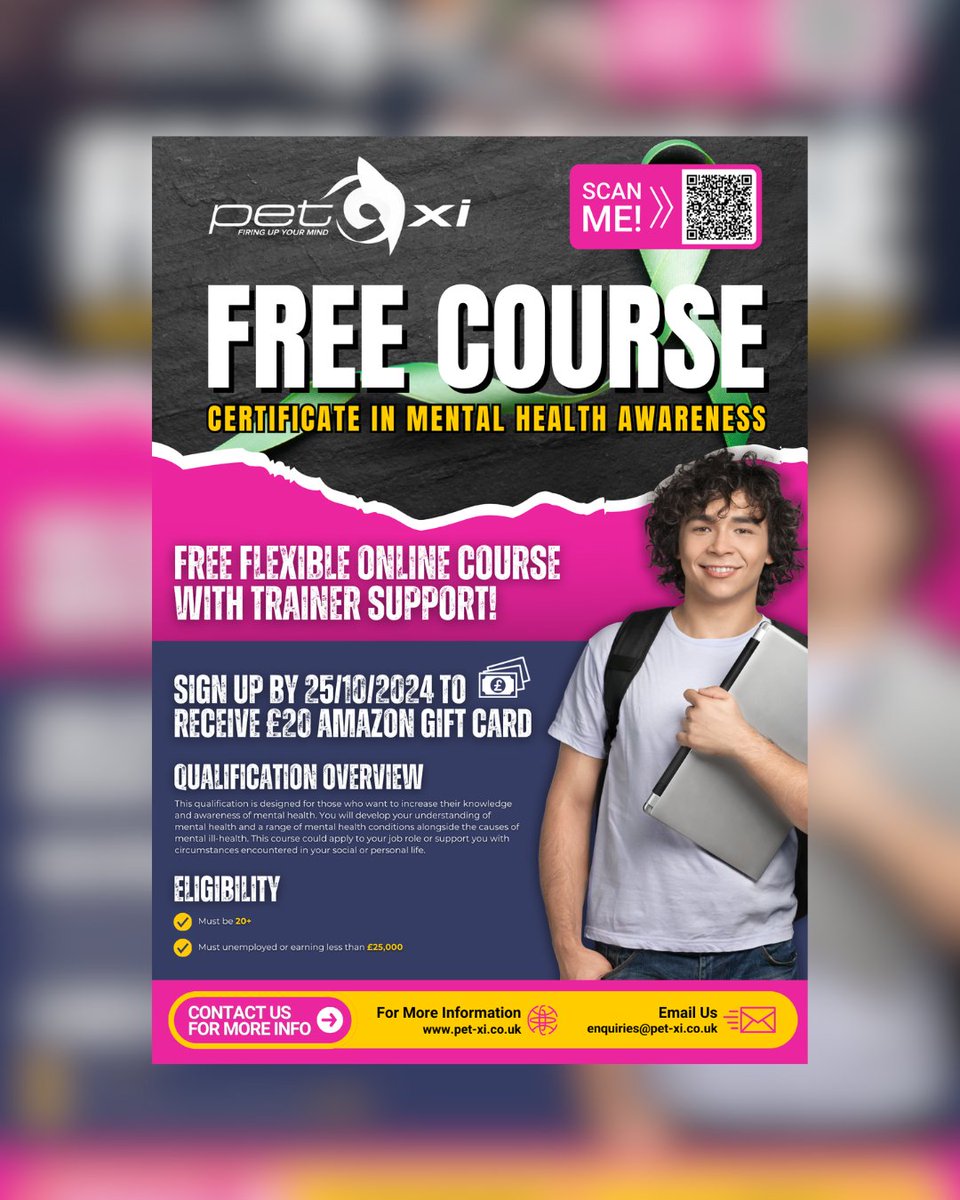 FREE Courses available today delivered by PET-Xi Training! Sign up by 25/10/24 and receive a £20 Amazon gift card completely free (Subject to eligibility)

forms.office.com/e/Gsrebrrch6

#education #edutok #memestiktok #free #freecourses #learningisfun #training #mentalhealth #course