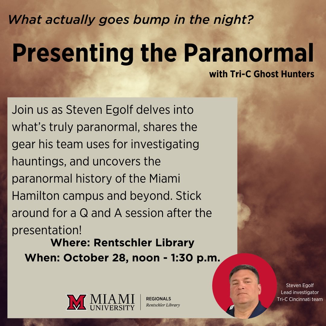 muhlibrary's tweet photo. We’re excited to have ghost hunter Steven Egolf back this year with even more chilling stories! He’ll share some of his creepiest encounters, demonstrate the tools of the trade—and who knows, we might even stir up some ghostly activity right here in the library! 👻 https://t.co/Y2nay0tqRI