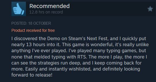 💖
With community reviews like this it would be a shame to take the Touch Type Tale Demo down, wouldn't it? 

P.S It's staying up, play it here buff.ly/3Uj0l2V