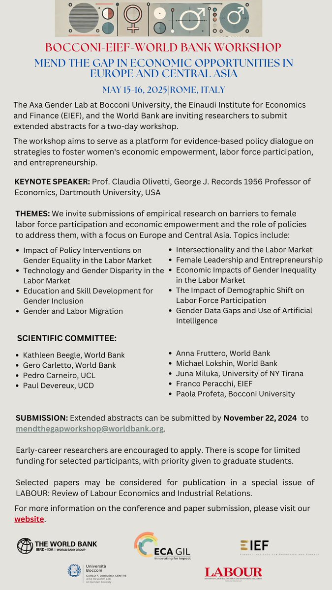 Andrea Presbitero (@a_presbitero) on Twitter photo 📢📢Call for paper for research proposal on women's economic empowerment, labor force participation, and entrepreneurship, for a 2-day workshop in Rome on May 15-16, organized by <a href="/wb_research/">World Bank Research</a> <a href="/AxaGenderLab/">AXA Research Lab on Gender Equality</a> and <a href="/EIEF_Rome/">EIEF - Einaudi Institute for Economics and Finance</a> #econtwitter 📢📢Call for paper for research proposal on women's economic empowerment, labor force participation, and entrepreneurship, for a 2-day workshop in Rome on May 15-16, organized by <a href="/wb_research/">World Bank Research</a> <a href="/AxaGenderLab/">AXA Research Lab on Gender Equality</a> and <a href="/EIEF_Rome/">EIEF - Einaudi Institute for Economics and Finance</a> #econtwitter