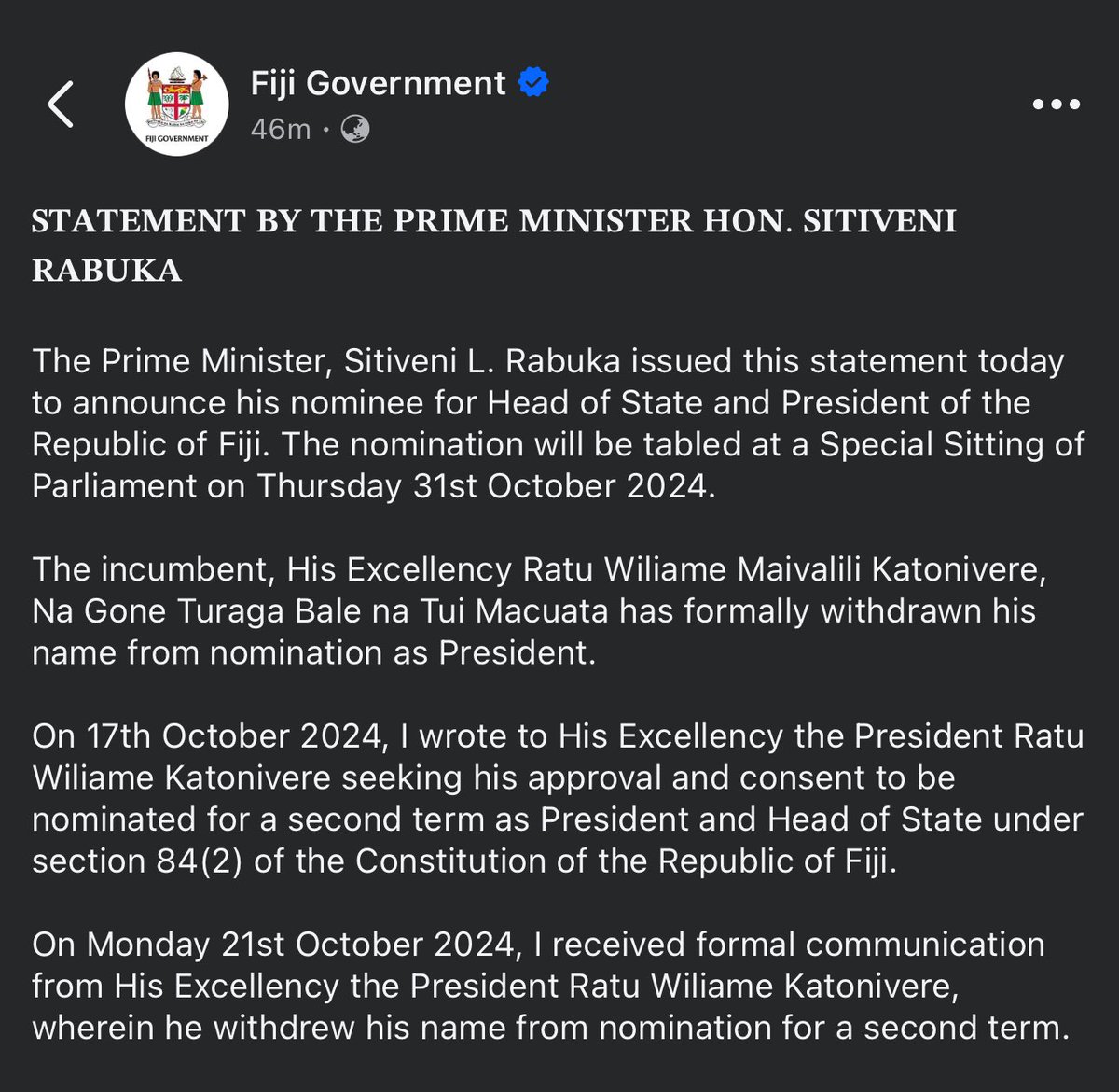 MonishNand's tweet photo. #BREAKING - Prime Minister Sitiveni Rabuka has nominated Ratu Naiqama Lalabalavu to be the new President of Fiji after Ratu Wiliame Katonivere withdrew his nomination for a second term as the President. 

Parliament will sit on 31 October

#Fiji #TeamFiji #FijiPol https://t.co/MnyRfYqIOl