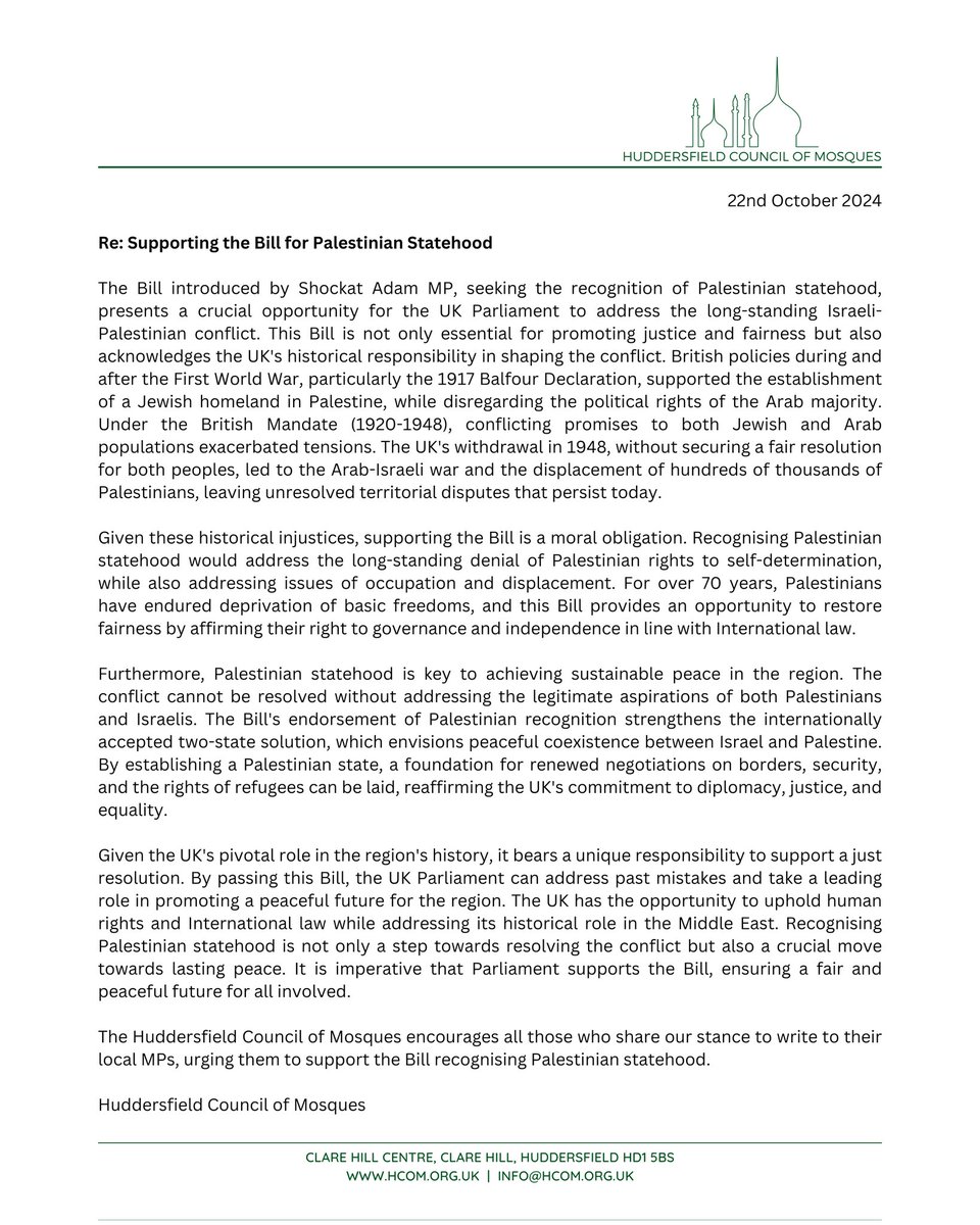 Statement on the Bill for Palestinian Statehood introduced by <a href="/ShockatAdam/">Shockat Adam MP</a> MP.