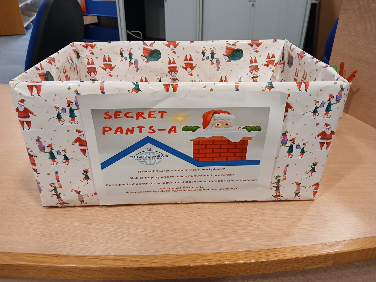 SFHTLibrary's tweet photo. Look what has just arrived 💖 our very own secret 
pants-a box 🎁, ready for all your donations of underwear for a very worthy cause. It is on the main reception desk in the library so easy to spot. Thank you in advance 🙏 @SFHFT @SharewearUK https://t.co/BFHUzoZSWi