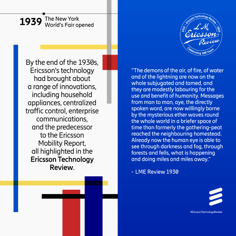 ericsson's tweet photo. We're going back in time, celebrating the 100th anniversary of theβ―#EricssonTechnologyReview.
From the first use of alarm systems to crosstalk between telephone lines, the 1930s witnessed a range of innovations. π
β―Discover the progress made in this era. π