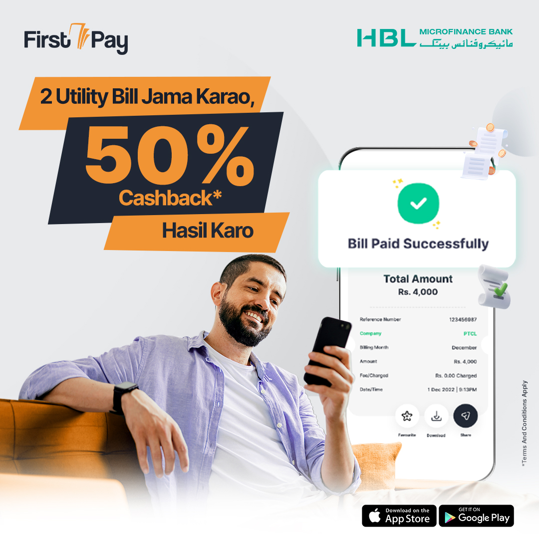 HBLMfBDigital's tweet image. Download FirstPay app, pay bills successfully from it and get 50% cashback!

Download Now:onelink.to/hblmfbfp

*T&amp;amp;Cs Apply:hblmfb.com/terms-and-cond…

#FirstPay #FirstPayMobileWallet #Cashback #Rewards #FirstPayProfit