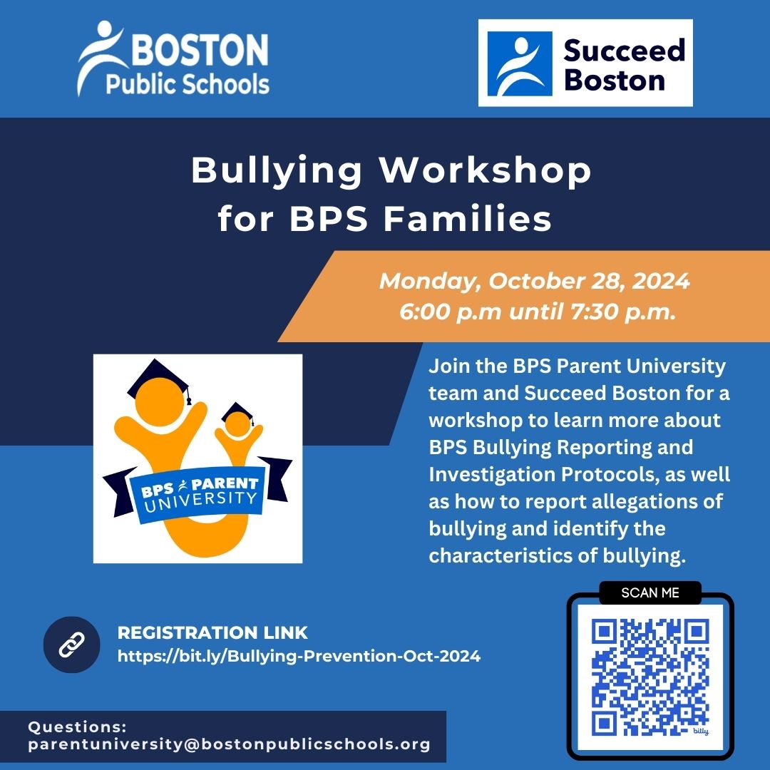 October is National Bullying Prevention Month! 

The <a href="/BostonSchools/">BostonPublicSchools</a> Parent University team and <a href="/SuccessBoston/">Success Boston</a> invite all BPS parents and caregivers to a virtual Workshop on Bullying Prevention between 6 p.m. and 7:30 p.m. on Monday. 

Register: 
bit.ly/Bullying-Preve…