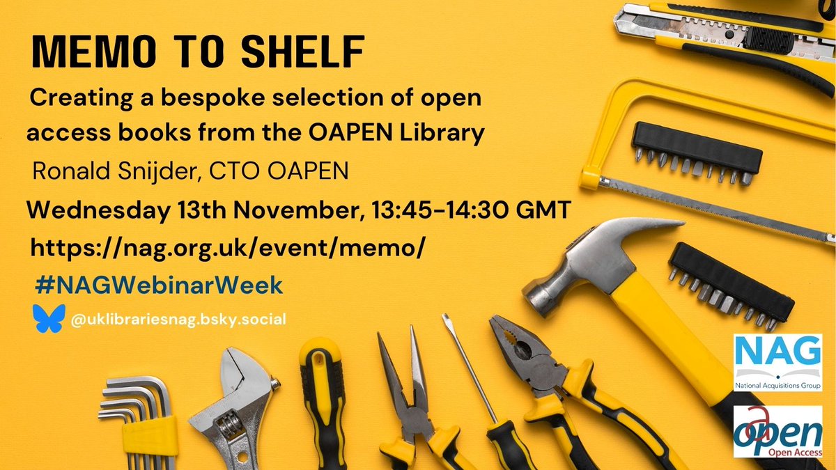 NAG - National Acquisitions Group (@uklibrariesnag) on Twitter photo Tomorrow - Free NAG Webinar:
MEMO to shelf – creating a bespoke selection of open access books from the OAPEN Library with Ronald Snijder
Wed 13 Nov 1345-1430
nag.org.uk/event/memo/
#NAGWebinarWeek #OAweek <a href="/OAPENbooks/">OAPEN (account inactive)</a> Tomorrow - Free NAG Webinar:
MEMO to shelf – creating a bespoke selection of open access books from the OAPEN Library with Ronald Snijder
Wed 13 Nov 1345-1430
nag.org.uk/event/memo/
#NAGWebinarWeek #OAweek <a href="/OAPENbooks/">OAPEN (account inactive)</a>