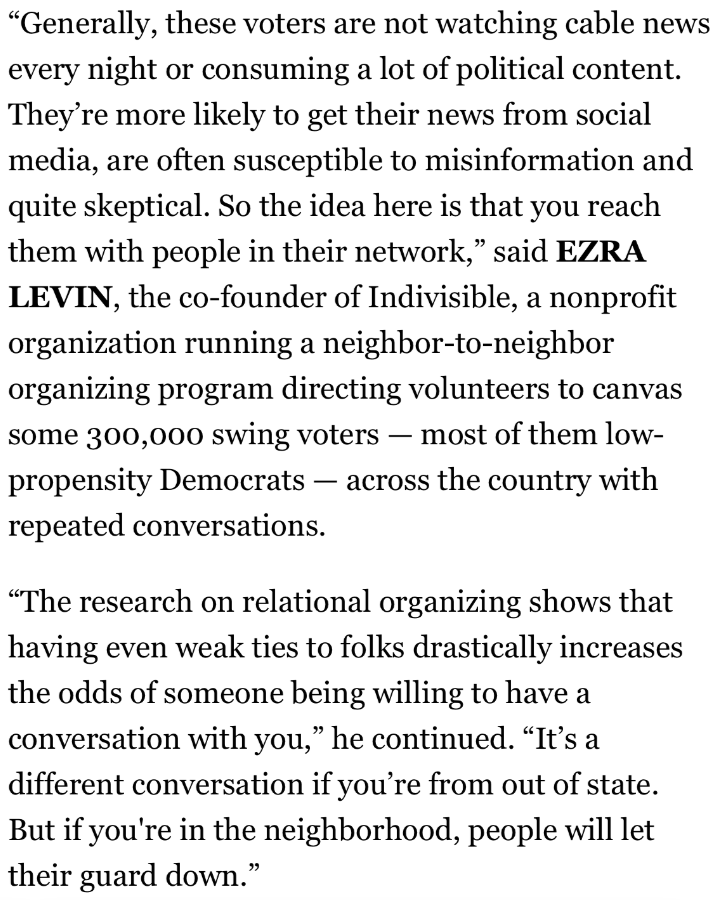 ezralevin's tweet photo. Indivisible's Neighbor2Neighbor in Playbook! Our research shows this is about twice as impactful as traditional canvassing. If you live in a battleground state or district, it's easy to get a list of 10 of your sporadic Democratic voting neighbors who we need your help reaching! Check it out: https://t.co/iA79fvnzaU
