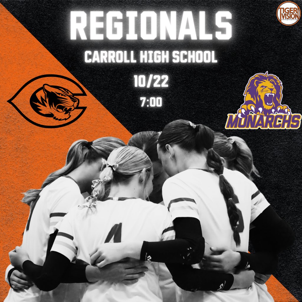 🏐Varsity Volleyball Regionals 
🗓️Tuesday, October 22
⏰7:00pm 
📍Carroll High School
 🆚Denison
🎟Credit Card or tickets.gobound.com/tickets/events… 
🎥bit.ly/WatchCarroll
