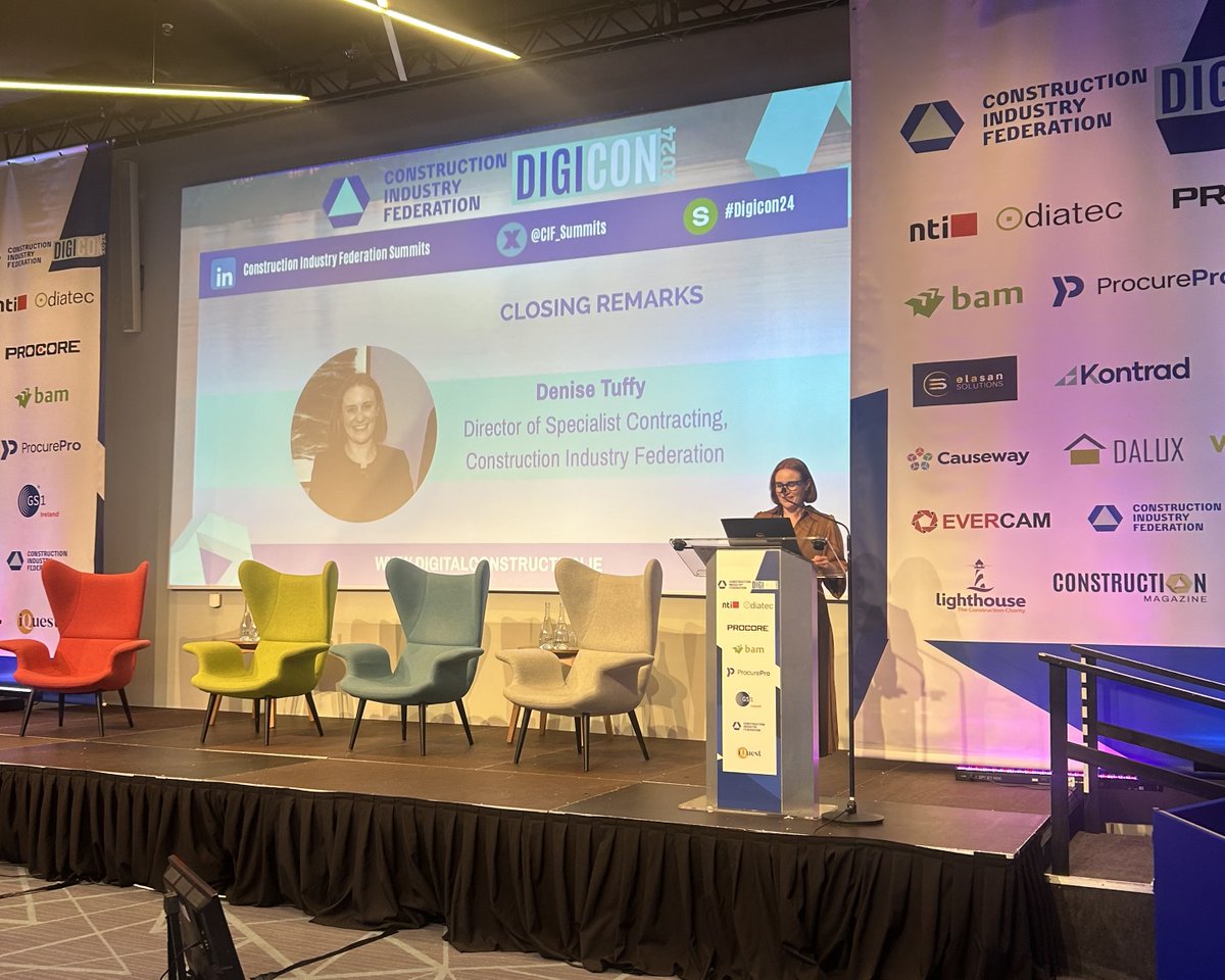 CIF_Summits's tweet photo. Denise Tuffy, Director of Specialist Contracting at CIF, is wrapping up #DigiCon24 Summit 2024 with key takeaways on digital transformation &amp; sustainability. The future of construction starts now! Stay tuned for our wrap-up.
#CIFSummits @CIF_Ireland https://t.co/5XJzH69tha
