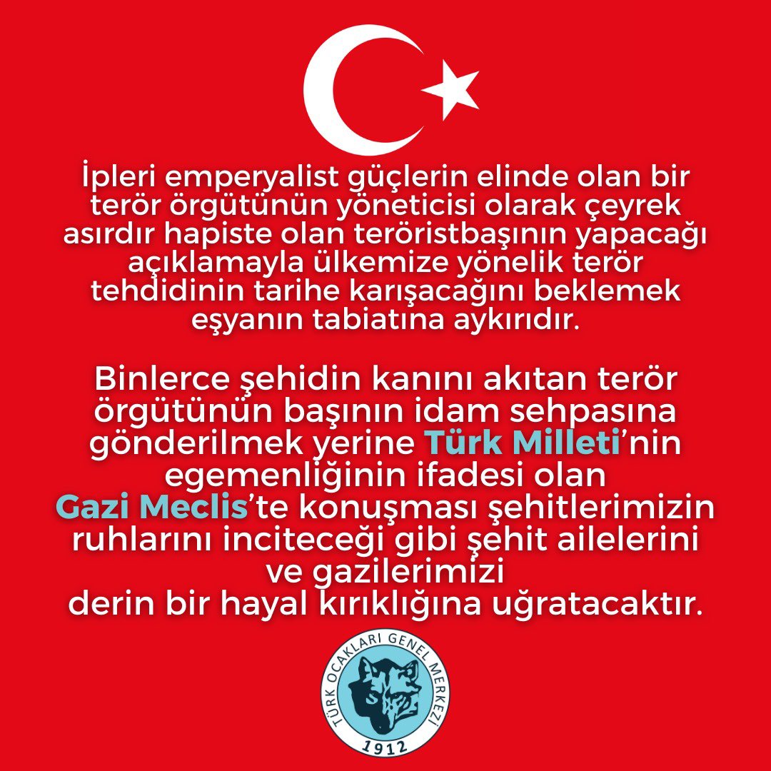 🎥 BASIN AÇIKLAMASI

❗️İpleri emperyalist güçlerin elinde olan bir terör örgütünün yöneticisi olarak çeyrek asırdır hapiste olan teröristbaşı’nın yapacağı açıklamayla ülkemize yönelik terör tehdidinin tarihe karışacağını beklemek eşyanın tabiatına aykırıdır.  

❗️Binlerce şehidin