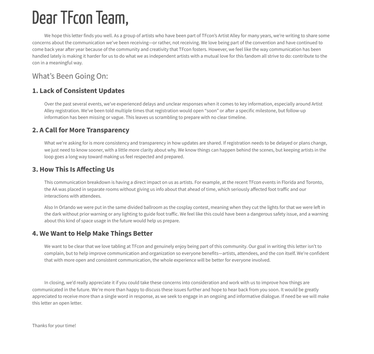 Months of radio silence, multiple ignored emails, vague assurances of 'info soon' - as a paying exhibitor I'm sick of it. This letter is what I &amp; other artists asked TFCon to respond to &amp; they couldn't even offer that basic respect. 

We're going public.

<a href="/tfconofficial/">TFcon ➤July 11-13 in Toronto➤Oct 24-26 in Chicago</a>
#TFCon