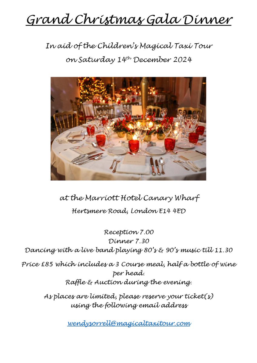 MagicalTaxiTour (@magicaltaxitour) on Twitter photo Grand Christmas Gala Dinner
Saturday 14th December 2024
Marriott Hotel Canary Wharf
3 Course Meal & Wine
Live Band
£85 per person
wendysorrell@magicaltaxitour.com Grand Christmas Gala Dinner
Saturday 14th December 2024
Marriott Hotel Canary Wharf
3 Course Meal & Wine
Live Band
£85 per person
wendysorrell@magicaltaxitour.com