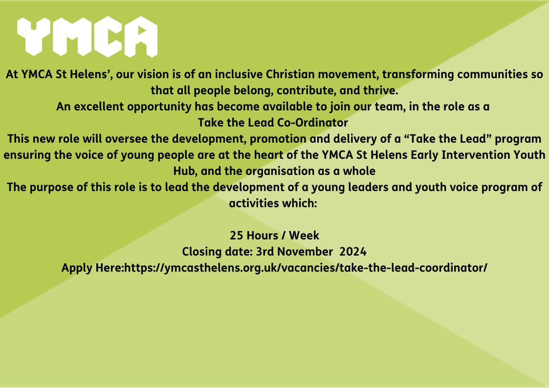 We are hiring for a new role as a take the lead coordinator.
Apply at :ymcasthelens.org.uk/vacancies/take…
#youthwork#youth#mersysidejobs'sthelensjobs#youngpeople