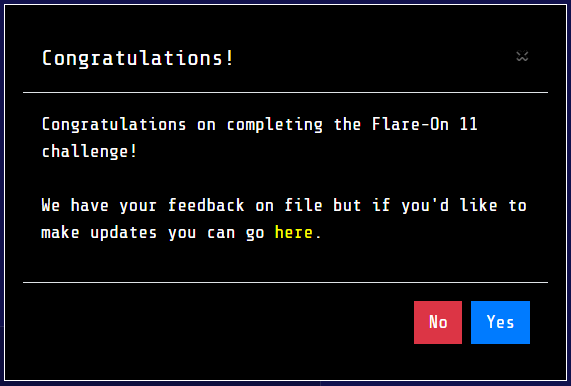 W4L33Dx's tweet photo. I'm happy to share with you, that I have completed #FlareOn11, I enjoyed the challenges, and looking forward to make writeup for some of them. https://t.co/WXvLzgvrB2