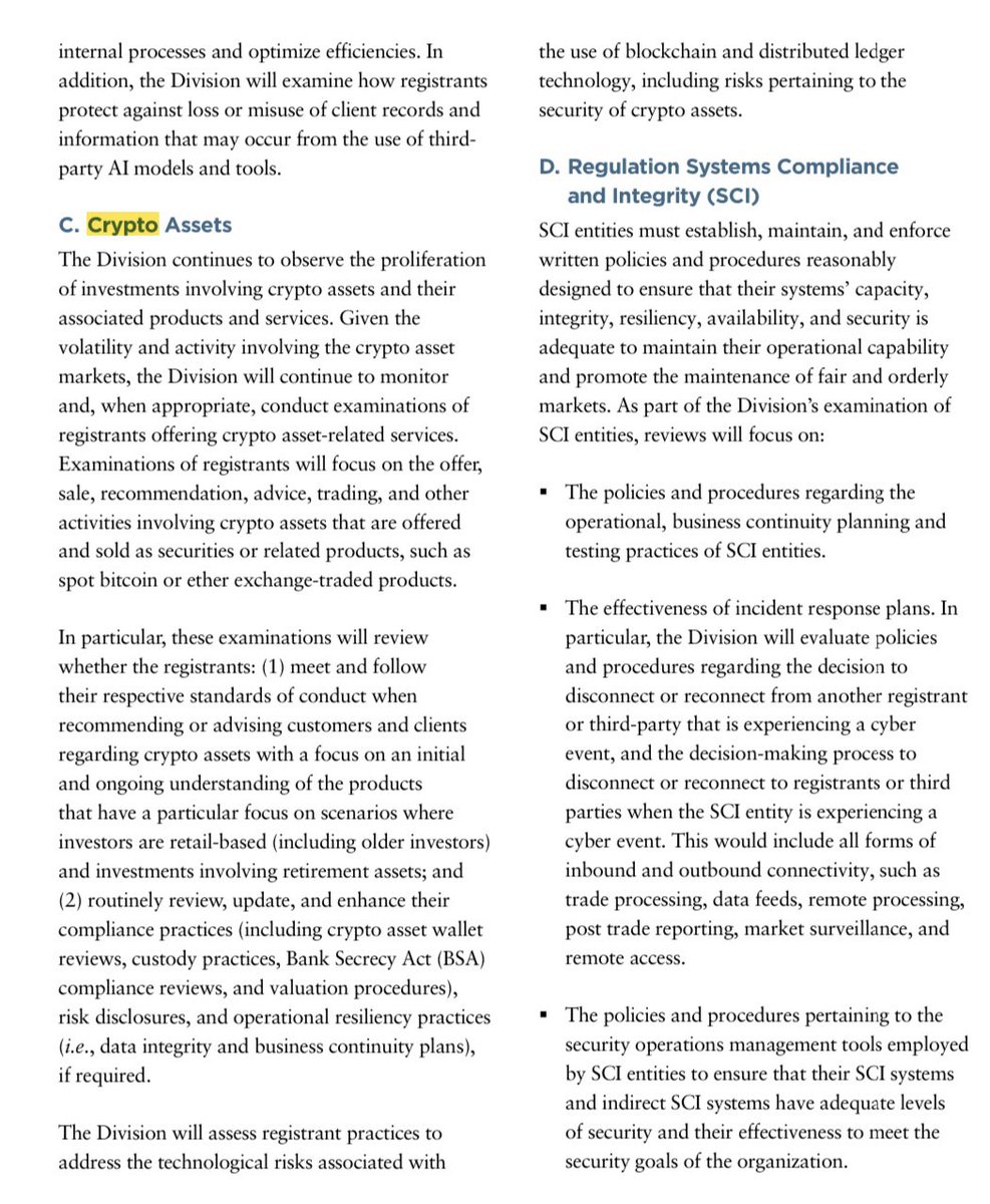 🚨NEW: A year on, the @SECGov includes #crypto in its list of 2025 exam  priorities despite no major crypto participants having registered with the  Commission in 2024. The only crypto assets I