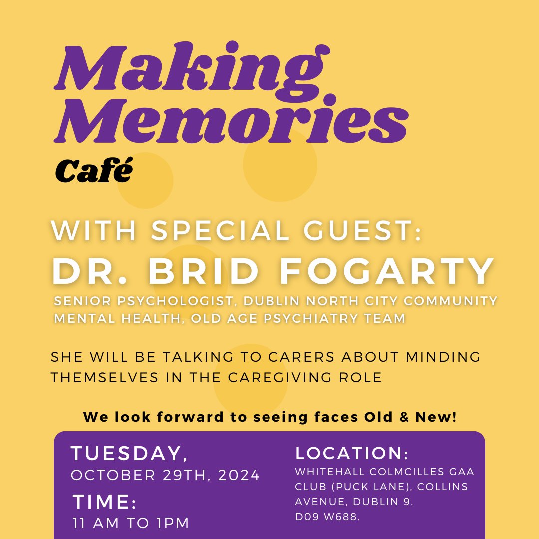 We are back this Tuesday, the 29th of October.

This month, we have a special guest - Dr. Brid Fogarty!
This month, She will be talking to carers about minding themselves in the caregiving role!

Looking forward to seeing you all!
#Cafe #Whitehall #AlzheimersIreland
