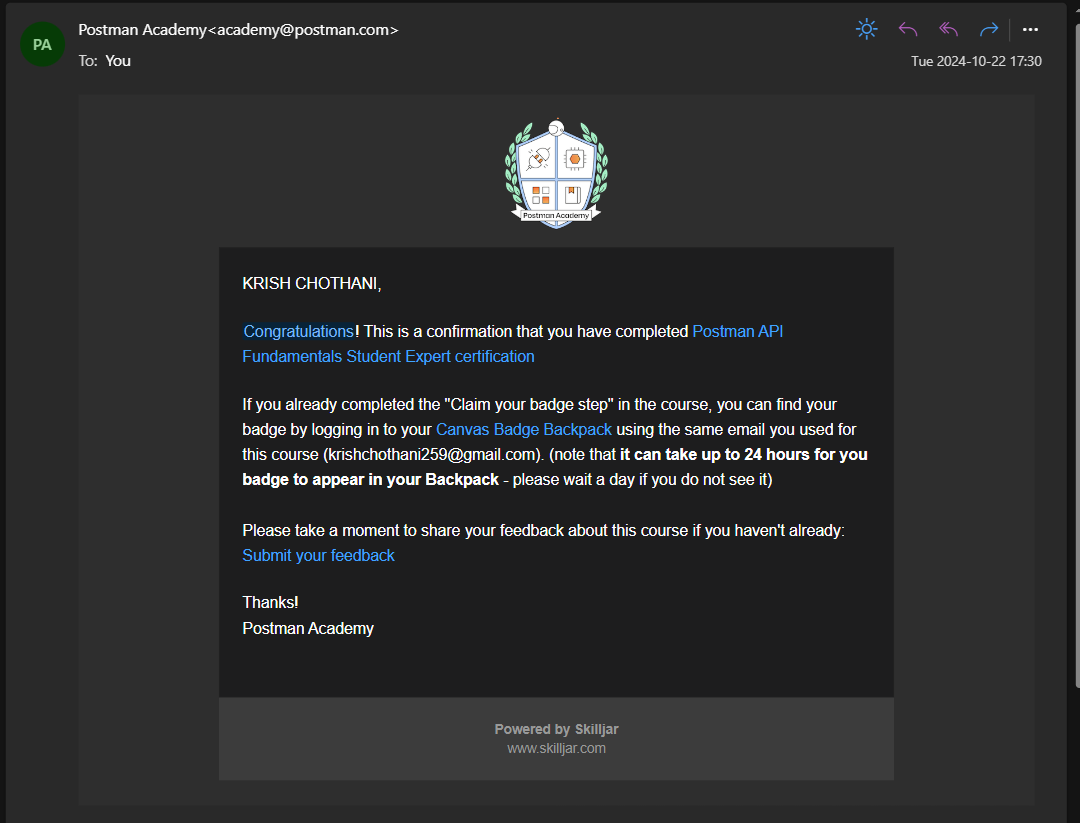 ChothaniKrish25's tweet image. ✨ Earned the Postman Student Expert Badge in #GSSoC '24! 🎉
Completed the Postman API Challenge and deepened my API knowledge. Thanks to the GSSoc community !🚀
#PostmanChallenge #APICertification #StudentExpert #LeaderboardBoost #OpenSource #TechSkills #Community #Girlscript
