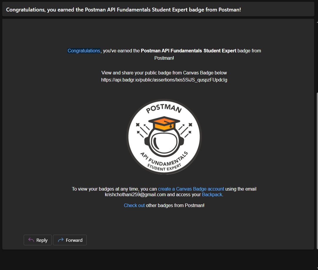 ChothaniKrish25's tweet image. ✨ Earned the Postman Student Expert Badge in #GSSoC '24! 🎉
Completed the Postman API Challenge and deepened my API knowledge. Thanks to the GSSoc community !🚀
#PostmanChallenge #APICertification #StudentExpert #LeaderboardBoost #OpenSource #TechSkills #Community #Girlscript