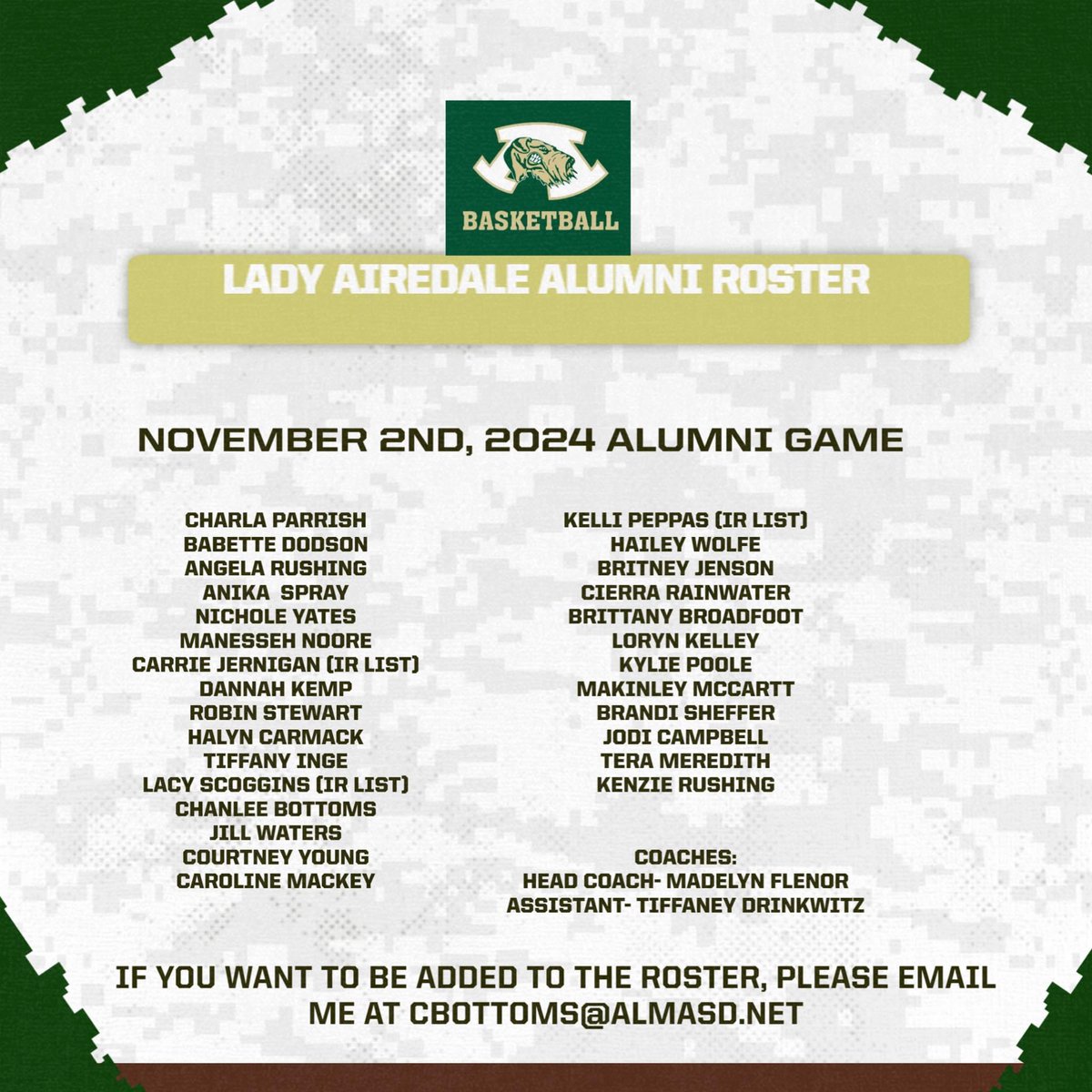 The Alumni Roster is OUT!!! Shoutout to Coach Flenor and Coach Drinkwitz for being our Alumni coaches!!  We can’t wait for November 2nd!  🏀🏀

P.S Alumni ladies start your conditioning today!! 😂😂