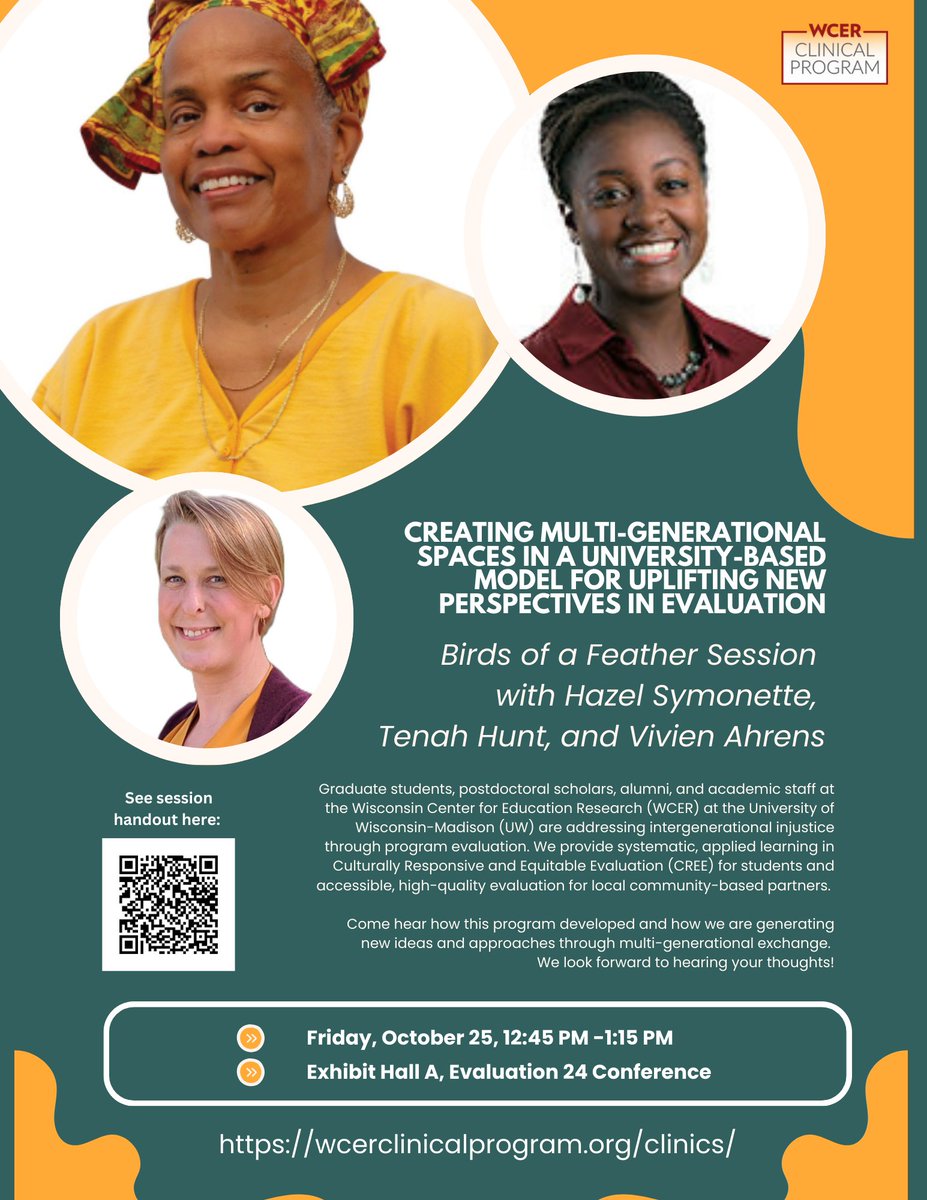 Join the WCER Clinical Program at American Evaluation Association this Friday. We will be talking about multi-generational spaces for practicing evaluation in new ways. #AEA #eval24 <a href="/aeaweb/">Evaluation Headlines</a>