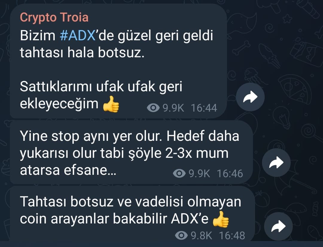 <a href="/CryptoTroia/">Crypto Troia</a> $ADX in tahtasında bot yok demiş. Yani kabul etmiş malı takipçilerine en tepeden  boşalttığını. 🤣 Botlar satmadığına göre $ADX i toplayıp en tepeden takipçilerinin kucağına yıktı . . . Afiyet olsun troia severler $ADX