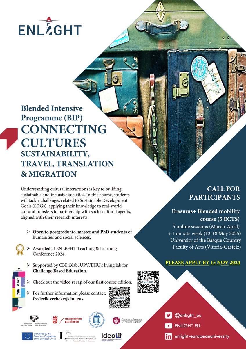 ¡No te pierdas la oportunidad de vivir una experiencia única con el BIP Connecting Cultures de <a href="/enlight_eu/">Enlight-EU</a>! 

Apúntate antes del 15/11 y sumérgete en una aventura internacional de #ChallengeBasedEducation en <a href="/Letrak_EHU/">Letrak_EHU</a> : bit.ly/4hf31Iu 

+ info: bit.ly/3YnQBWq