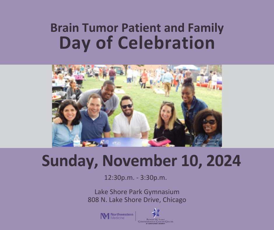Please join us for a day of celebration on Sunday, November 10, for brain tumor patients, their families, caregivers, advocates, and ambassadors. Enjoy music, games, food and connecting with other members of the brain tumor community. 

cancer.northwestern.edu/events/public/…