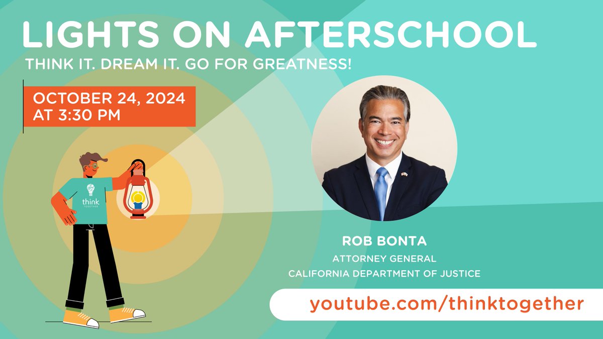 thinktogether's tweet image. California Department of Justice Attorney General, @AGRobBonta, is a true advocate for #ExpandedLearning programs. 💡🏫
Join our live YouTube broadcast on Thursday, Oct. 24 at 3:30 p.m. to witness the #PowerOfAfterschool!
@afterschool4all
#LightsOnAfterschool #LOA