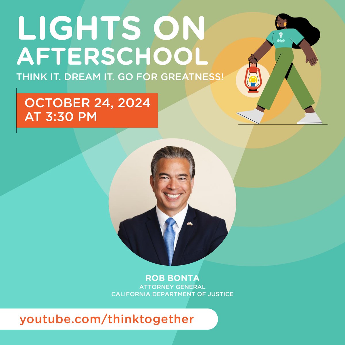 thinktogether's tweet image. California Department of Justice Attorney General, @AGRobBonta, is a true advocate for #ExpandedLearning programs. 💡🏫
Join our live YouTube broadcast on Thursday, Oct. 24 at 3:30 p.m. to witness the #PowerOfAfterschool!
@afterschool4all
#LightsOnAfterschool #LOA