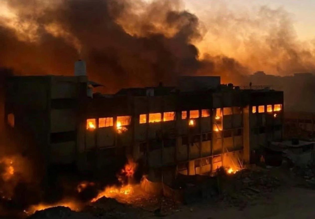 lsraeli occupation forces burn schools in Northern Gaza Strip so that they cannot be used as shelters by displaced Palestinians.