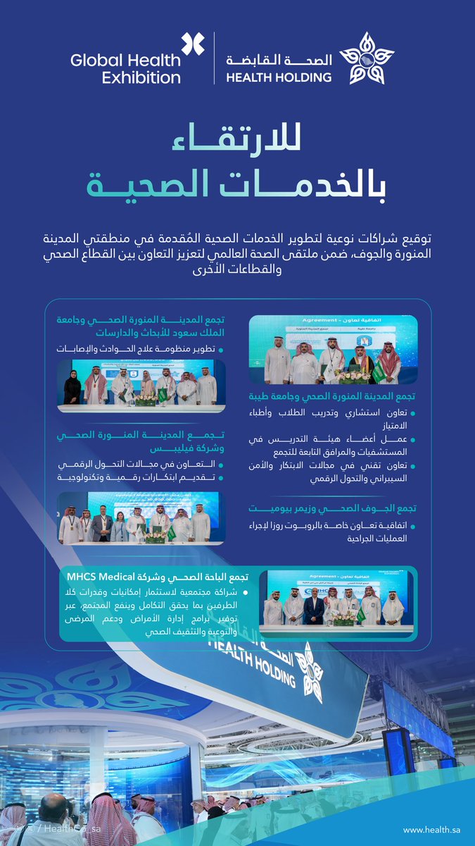 شراكات محلية ودولية مثمرة أبرمتها #الصحة_القابضة والتجمعات الصحية خلال ثاني أيام #ملتقى_الصحة_العالمي.

#بكم_نتميز