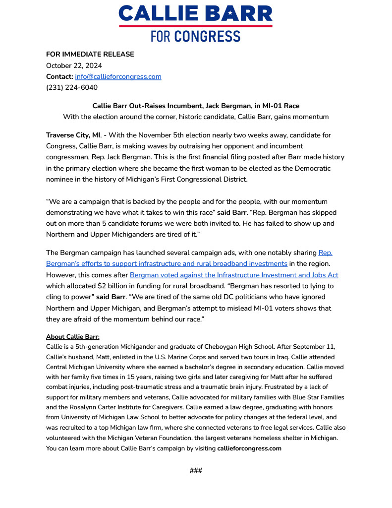 CallieMBarr's tweet photo. FOR IMMEDIATE RELEASE: Callie Barr Out-Raises Incumbent, Jack Bergman, in MI-01 Race. 

"We are a campaign that is backed by the people and for the people, with our momentum demonstrating we have what it takes to win this race." https://t.co/OrvySzSHd0