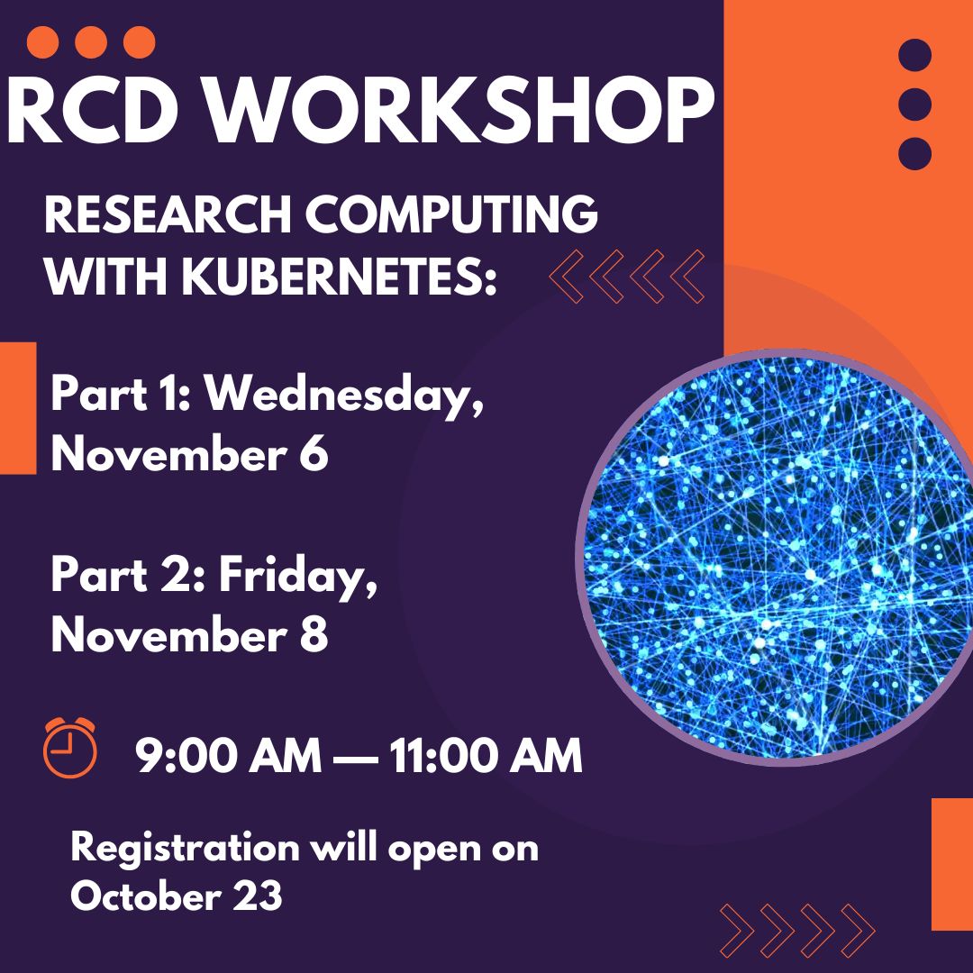 ClemsonIT's tweet image. Join us for a live virtual training session on Research Computing with Kubernetes! Registration opens on October 23! Don’t miss out! 💻📲 #Kubernetes #ResearchComputing #VirtualTraining