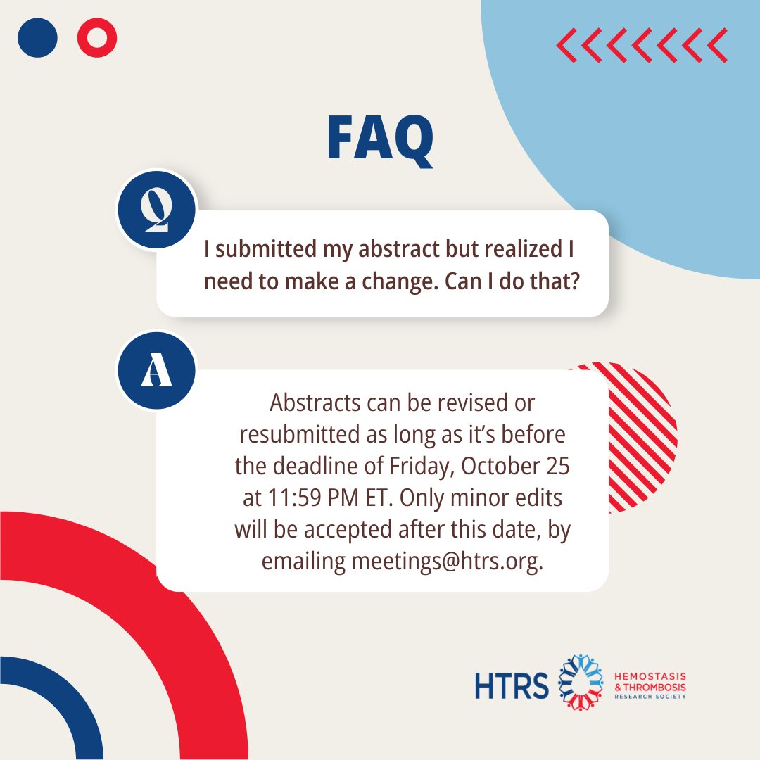 Hemostasis and Thrombosis Research Society (@htrstoday) on Twitter photo ⏳Reminder: The abstract submission deadline is October 25 at 11:59 PM ET—no more extensions!
Make sure your abstracts are ready to go. Need help? Check our daily FAQs or reach out to meetings@htrs.org. Don’t miss out! #HTRS2025 ⏳Reminder: The abstract submission deadline is October 25 at 11:59 PM ET—no more extensions!
Make sure your abstracts are ready to go. Need help? Check our daily FAQs or reach out to meetings@htrs.org. Don’t miss out! #HTRS2025